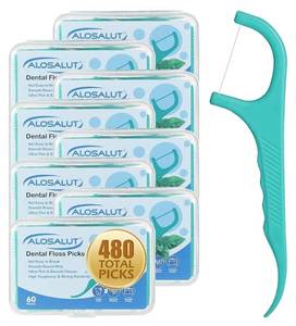 lot 72548 image: 480 Count Dental Floss Picks �� Mint Flavored Flossers with Built-in Toothpick for Deep Cleaning �� 8 Portable Boxes of 60 �� Strong & Smooth Floss Sticks for Family Home Travel for Adults - Retail $10