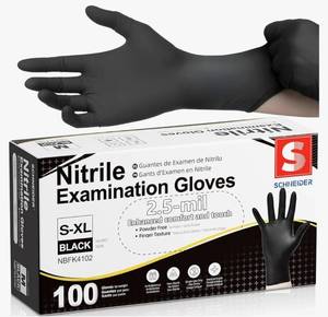 lot 72552 image: Schneider Black Nitrile Gloves, Powder Free, Disposable Gloves Latex Free for Medical Exam, Food Prep & Cleaning - Retail $8