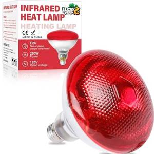 lot 72558 image: LUCKY HERP Infrared Heat Lamp for Chickens - 250 Watts Red Heat Lamp Bulb 1 Pack, Heat Light Bulb for Brooder Coop, Food Service, Chicks, Pet, Reptile - Retail $9