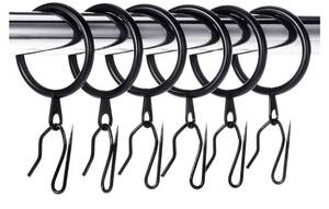 lot 72564 image: 30 Pcs Metal Drapery Curtain Rings 0.981.261.65 inch Interior Diameter and 30 Pcs Hanging Curtain Drapery Pin Hooks for Window Door Shower(Black,32 mm) - Retail $15