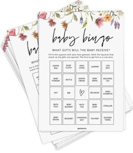 lot 72565 image: GardenCity Baby Bingo, Fun Baby Shower Games for Girl (50 Unique Cards), Pre-Filled, Perforated Calling Cards, Gender Neutral (Wildflower) - Retail $13