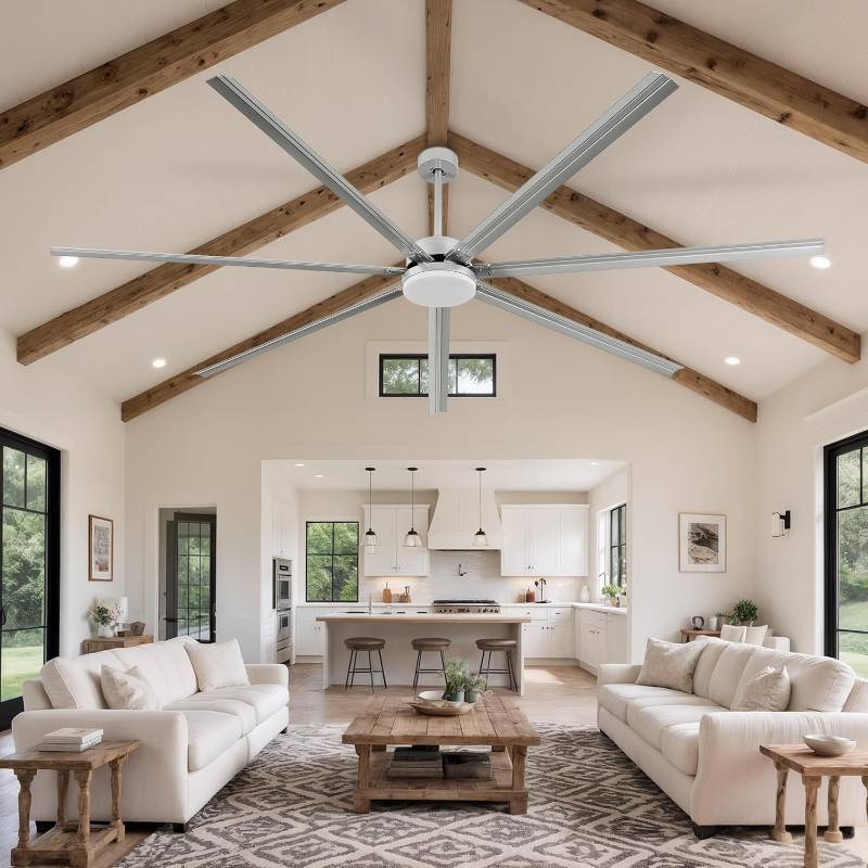 lot 131303 image: Retails for $189 YITAHOME 96 Inch Industrial Ceiling Fan, Large Ceiling Fan with 7 Reversible Blades, 3 Downrods, 6-Speed Remote Control, Home or Commercial Fans for PorchGarageShop, Nickel