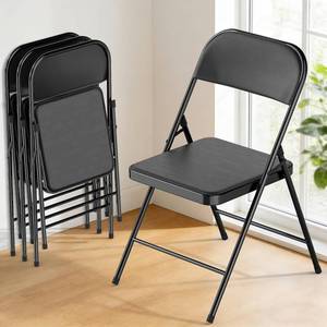 lot 142155 image: 4 Pack Black Folding Chairs with Padded Cushion & Backrest, Comfortable Cushioned Seat with Durable Metal Frame, Portable Stackable Foldable Chair for Home, Office, Party, Indoor & Outdoor Events