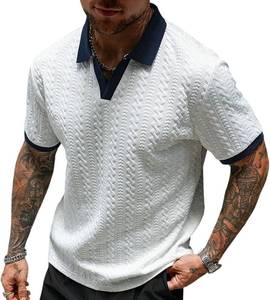 lot 142159 image: Mens Summer Casual Polo Shirt, Short-Sleeve, Textured Contrast-Color Patchwork, Vacation Beach Knit