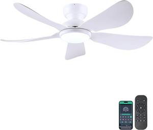 lot 242086 image: Kviflon 46 Inch Modern Ceiling Fans with Lights, Flush Mount Ceiling Fan with Light and RemoteAPP Control, 5 Reversible 6 Speeds Curved Blades, 3 CCT Dimmable Lights for Bedroom, White