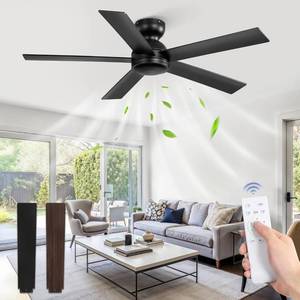lot 242094 image: 48 Inch Flush Mount Ceiling Fan no Light, Black Ceiling Fan with Remote, 6-Speeds, Quiet Reversible DC Motor, IndoorOutdoor Ceiling Fans without Lights for Patio, Living Room, Bedroom