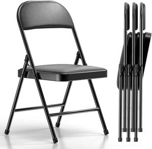 lot 242096 image: Nazhura 4 Pack Folding Chairs with Padded Cushion and Back, Khaki Metal Chairs with Comfortable Cushion and Durable Steel Frame for Home and Office, for Indoor and Outdoor Events (Black, 4 Pack)