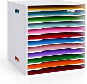 lot 342073 image: SANFURNEY Scrapbook Paper Organizer for Sizes 12 x 12, 6 Slots File Sorter Storage, Document Holder, Desktop Scrapbook Paper Organizer Rack for Home Office School (White, 6 Slots - Standard Size)