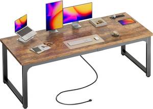 lot 342082 image: Huuger 63 x 24 inch Desk with Power Outlets & USB-C, Deeper & Thicker Desktop, Robust Metal Tubes, Computer Desk, Heavy Duty Office Desk, Work Gaming Desk, for Home Office, Rustic Brown