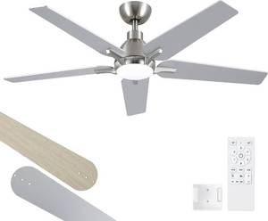 lot 342092 image: 52 Inch Ceiling Fans with Lights Brushed Nickel Ceiling Fan with Light and Remote for Bedroom Living Room Dining room Patio, 3CCT Dimmable 6 Speeds Reversible Quiet DC Motor