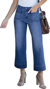 lot 342098 image: luvamia Wide Leg Jeans for Women Trendy High Waisted Flare Jeans Cropped Denim Pants Stretchy Baggy with Patch Pockets