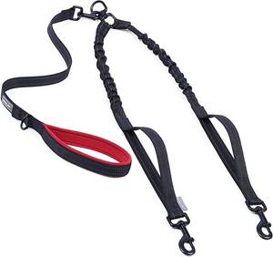 lot 342100 image: VIVAGLORY 2 Dog Leash Twinlead Two Dog Leash with Soft Padded Double Handle & Traffic Handle for Training Walking, Heavy Duty Anti Pull Bungee Flective & Tangle Freere, 4.8-5.5ft, Black