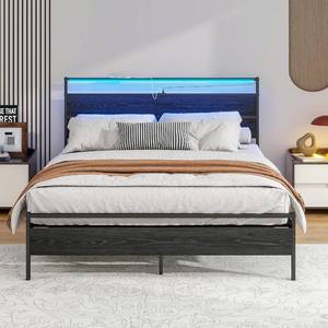 lot 442032 image: HOJINLINERO Queen Bed Frame with Headboard, Metal Platform Bed with Charging Station & LED Lights, Heavy Duty Queen Size, No Box Spring Needed, Strong Metal Slats, Noise Free, Black