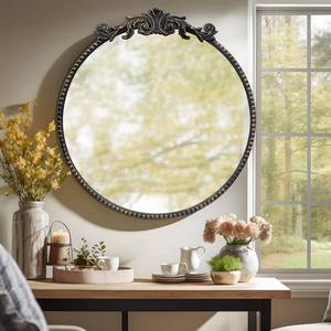 lot 131327 image: Round Mirror, 24 Baroque Style Circle Mirror Vintage Black Metal Frame Wall Mirrors for Vanity, Bathroom or Bedroom