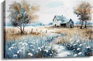 lot 9187275 image: KPLUNDO Farmhouse Canvas Wall Art Old Barn Picture Blue Prints Rustic Flowers Nature Landscape Painting Vintage Art for Home Office Living Room Bedroom Wall Decor (Art-3, 12x16 inch)