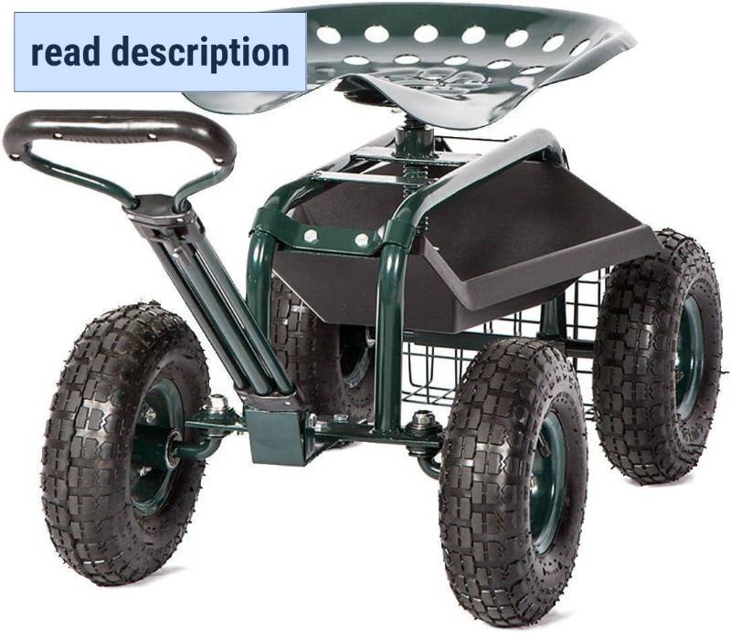 lot 411343 image: KINTNESS Garden Cart Seat Rolling Scooter Wagon with Extendable Steering Handle Swivel Seat & Utility Basket...(Green