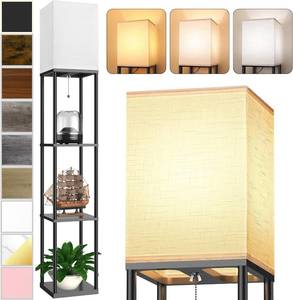 lot 152055 image: Floor Lamp with Shelves for Living Room, Shelf Floor Lamp with 3 CCT LED Bulb, Corner Display Standing Column Lamp Etagere Organizer Tower Nightstand with White Linen Shade for Bedroom, Office