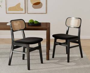 lot 152059 image: Retails for $120 Shunzhi Rattan Dining Chairs Set of 2 Farmhouse Black Wood Dining Room Chairs with Cane Back Mid Century Modern Sherpa Kitchen Chairs Upholstered Boho Side Chairs for Restaurant, Black