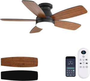 lot 152064 image: JSAITEE Ceiling Fans with Lights, 48 Inch Low Profile Ceiling Fan with Light and RemoteApp Control, Flush Mount, Reversible, 3CCT, Dimmable, Noiseless, Brown Ceiling Fan for IndoorOutdoor Use