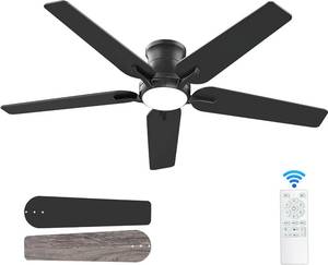 lot 152067 image: POCHFAN 52 Inch Black Ceiling Fans with Lights and Remote, Flush Mount Low Profile Ceiling Fan for Bedroom, Living Room, Patio, Dimmable 6 Speeds Noiseless Reversible, ETL Listed