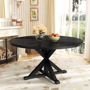 lot 152083 image: Retails for $370 59 Solid Wood Round Dining Table for 6-8, Rustic Round Dining Room Table for Home Dining Room, Kitchen, Living Room, Wooden Trestle Pedestal Base, Black