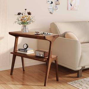 lot 152085 image: Solid Wood End Table, 2-Tier Side Table with Storage Shelf, Wooden Modern Accent Slim Bedside Table for Sofa, Living Room, Bedroom, Small Space, Easy Assembly, Rustic Brown