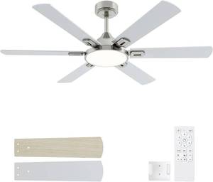 lot 452053 image: Retails for $110 52 Inch Ceiling Fans with Lights Nickel Ceiling Fan with Light and Remote for Bedroom Living Room Patio - 6 Wooden Blades Ceiling Fan 3CCT Dimmable 6 Speeds Reversible Quiet DC Motor