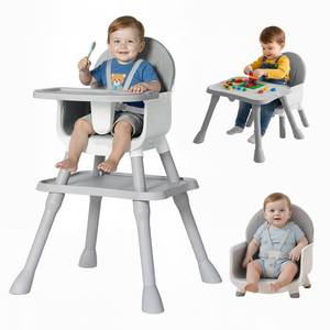 lot 452067 image: 6-in-1 Convertible Baby Highchair, Booster Seat, Toddler Chair & Building Block Table, with Removable Tray, Easy Clean Cushion & 5-Point Harness (Grey)