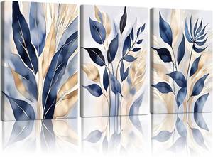 lot 152101 image: EHNTNNMA 3 Pcs Blue Botanical Canvas Wall Art Modern Natural Abstract Leaf Prints Boho Blue and Gold Plant Minimalist Rustic Leaf Wall Paintings for Living Room, Office, and Bedroom 12x16 Inches Framed