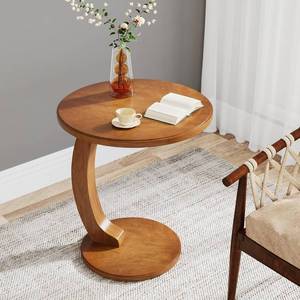 lot 251560 image: Tribesigns Small Round End Table for Living Room, C-Shaped Sofa Side Table for Couch, Retro Boho Bedside Nightstand, Brown
