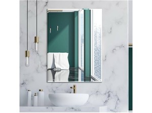 lot 251573 image: Frameless Bathroom Mirror for Wall, Rectangle Beveled Edge Mirror for Over Sink, Tempered Glass, Shatterproof, Hangs Horizontally or Vertically for Living Room, Entryway, Restroom, 32 x 24