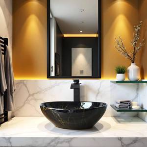 lot 351689 image: Black Bathroom Sink Oval Vessel Sink with Waterfall Faucet and Drain Combo 16 Inch Marbling Ceramic Vessel Sink for Above Counter Artistic Bowl Sink