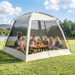 lot 351691 image: 12   12ft Camping Screen Tent for 8-10 People, Easy Setup House Tent with 8 Ground Stakes & 4 Windproof Ropes, Portable Screened Canopy with Mosquito Net for Outdoor, Patios, Backyard, Beige