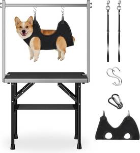 lot 351701 image: Retails for $160 niffgaff Dog Grooming Table with Arm, Hammock & Nooses, 30 H Foldable Heavy Duty Pet Grooming Station, 35.5 L 23.6 W Non-Slip Waterproof Tabletop, 33.5 Height Adjustable Stainless H-Frame Arm