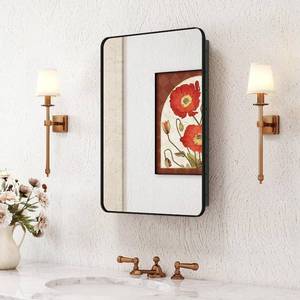 lot 351725 image: Medicine Cabinet with Mirror, 16x24 Fully Assembled Recessed or Wall-Mounted Bathroom Mirrored Cabinet with Adjustable Storage Shelves for Vanity, Metal, Black