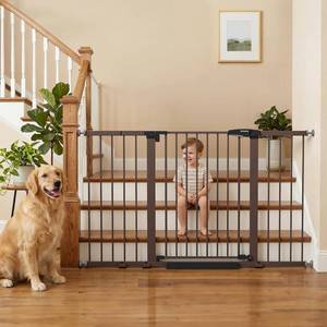 lot 351734 image: Mumeasy 29.7-57 Extra Wide Baby Gate, Auto Close Large Dog Gate for Doorways, No Drilling Pressure Mounted Pet Safety Gate for Stairs, Easy Walk Through Child Gate for Hallways, House, Indoor, Brown