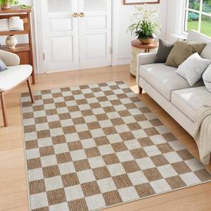 lot 452072 image: Machine Washable 5x7 Area Rugs for Living Room Checkered, Non Slip Soft Low Pile Farmhouse Geometric Modern Neutral Playroom Boys Rugs for Bedroom, Large Carpet Rugs for Dining Room(Brown,5x7)