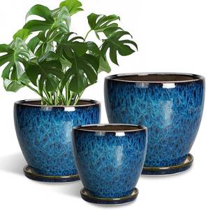 lot 452087 image: Plant Pots Indoor, Ceramic Planters Pots with Drainage Holes and Saucers, 1086 Inch, Set of 3, Round Large Flower Pots for Indoor Outdoor Plants, Blue