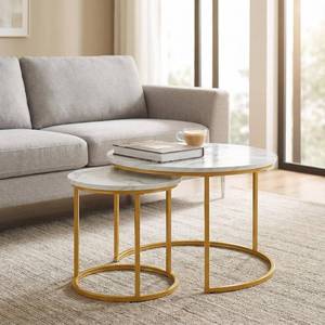 lot 452095 image: Round Nesting Coffee Table Set of 2, Modern Marble Pattern Wooden Nesting Tables, Stacking Minimalist End Table for Living Room Bedroom Small Space, (Glod LegWhite top)
