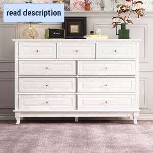 lot 452066 image: Retails for $300 MOUMON Chest of Drawers 9 Drawer Dresser, Contemporary Dresser with Sliver Handles, Wooden Legs, 9 Drawer Cabinet for Bedroom 55.1 W x 15.7 D x 37 H