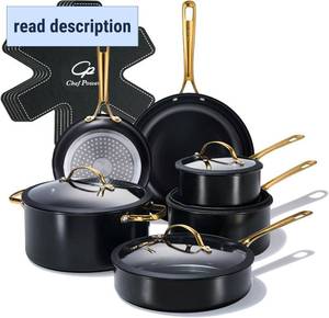 lot 351683 image: Retails for $130 Chef Power Ceramic Cookware Sets, 15Pcs Pots and Pans Set Non Stick, Cookware Set with Stainless Steel Handle, Dishwasher & Oven Safe, Stone Black and Light Gold Handle