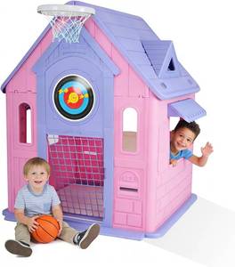 lot 191715 image: Retails for $170 Kids Playhouse Cottage   4-in-1 Activity Center with Magnetic Dartboard, Basketball Hoop, Soccer Goal & Ring Toss   Spacious IndoorOutdoor Game House for Toddlers