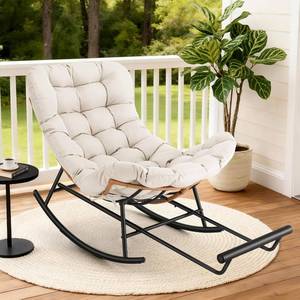 lot 191717 image: Retails for $160 Garvee Papasan Rocking Chair with Foot Rest, Oversized Papasan Chair with Thick Removable Cushion and Metal Frame, Lounge Chairs and PE Rattan Rocker for Patio, Porch, Garden, Lawn, Living Room