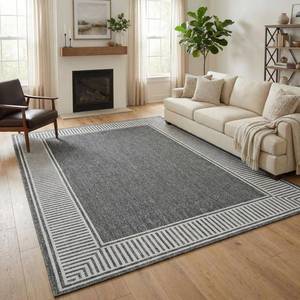 lot 191720 image: Garvee Modern Bordered Rugs for Living Room 8x10 Washable Rug Large Non Slip Low Pile Soft Carpet Foldable Non-Shedding Woven Printed Floor Cover for Bedroom Playroom Nursery Office Dorm Grey
