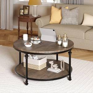 lot 191721 image: 2-Tier Round Coffee Table with Storage Shelf, Rustic Wood and Metal Cocktail Table, Modern Industrial Center Table for Living Room, Apartment, Small Spaces