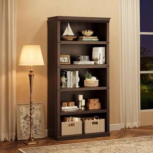 lot 191726 image: Retails for $150 Garvee 5 Tier Book Shelf, Farmhouse Book Case, 67.4 in Tall Shelf with Storage, Wooden Bookshelves for Living Room, Home Office-Cherry