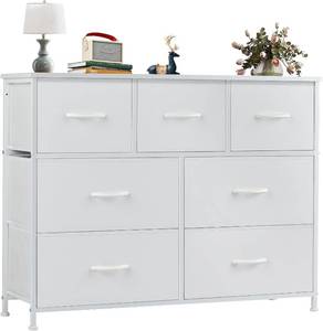 lot 291627 image: OLIXIS 7 Drawer Dresser for Bedroom, Wide Fabric Storage Tower with Wooden Top and Metal Frame, Closet Chest Organizer Furniture, TV Stand for Living Room Hallway, White
