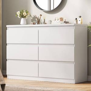 lot 291628 image: Retails for $158 Jocoevol White 6 Drawer Dresser for Bedroom, 15.3 D x 47.2 W x 32.3 H in Simply Modern Chest of Drawers, Wood Storage Double Dresser with Deep Drawers for Living Room, Hallway Entryway, White