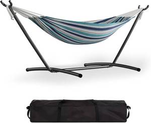 lot 291629 image: Garvee Double Hammock with Foldable Steel Stand and Carry Bag   IndoorOutdoor Standing Hammock, 450 LBS Capacity, for Garden, Camping, Beach (Ocean)