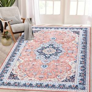 lot 291631 image: Garvee 9x12 ft Area Rugs for Living Room, Vintage Machine Washable Rug,Low Pile Print Large Rug with Rubber Backing Non-Slip Carpet for Bedroom,Kitchen,Dining Room,Home Office,Home Decor(Pink)